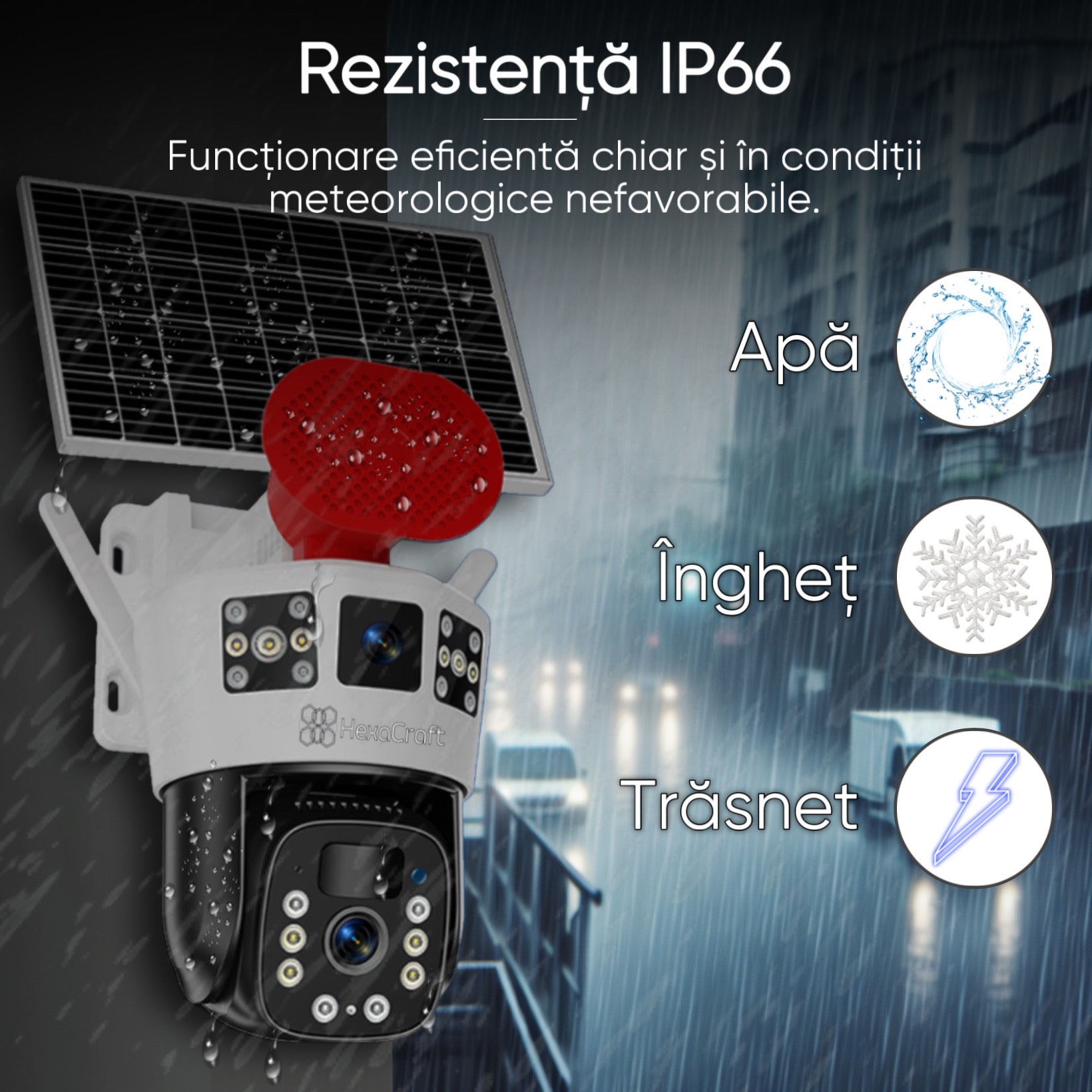 Camera de supraveghere, HexaEye, cu vedere tripla, Interior/Exterior, Panou solar 12000mAh