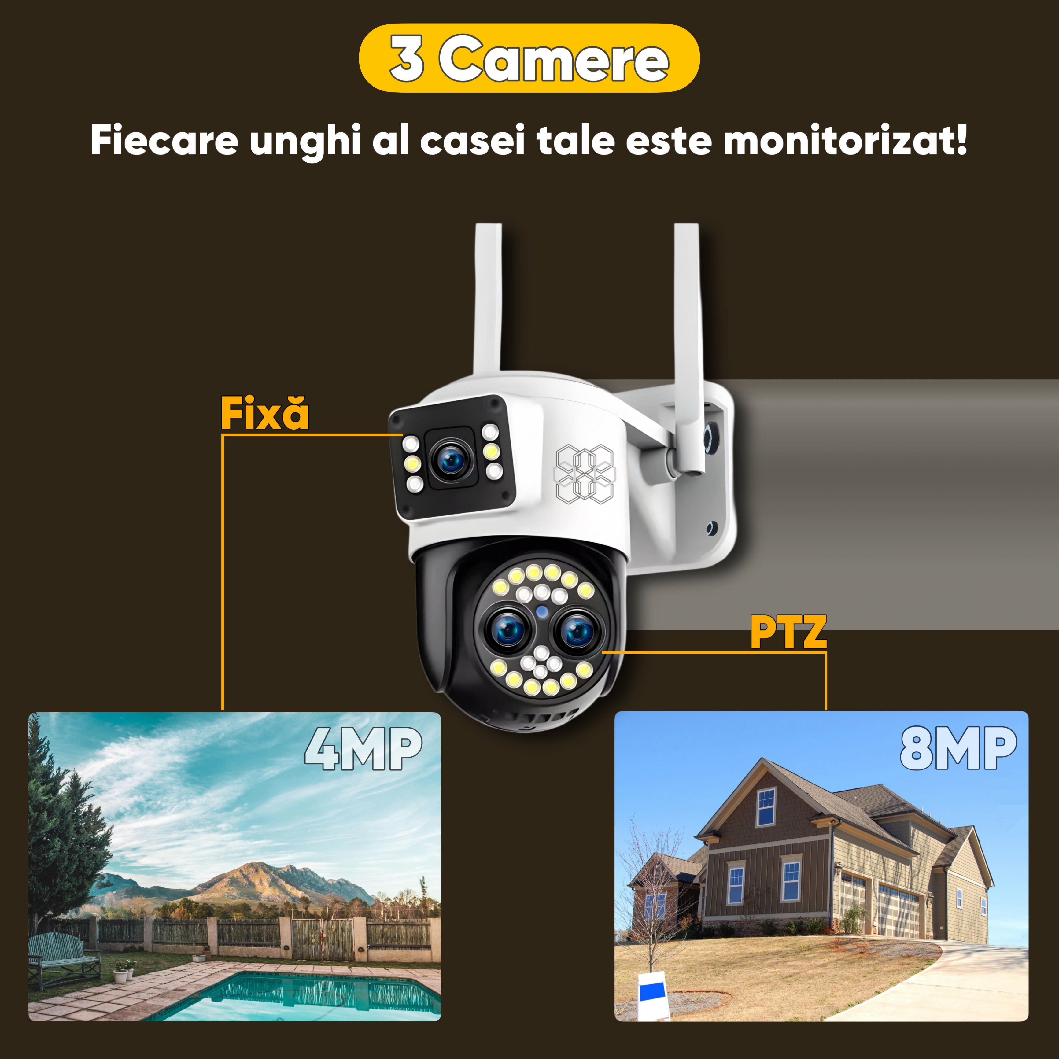 Camera de supraveghere Video CCTV 3 camere Ultra HD, WIFI, HexaEye