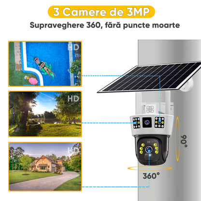 Camera de supraveghere Video CCTV cu vedere tripla, Panou solar 8000mAh, HexaEye