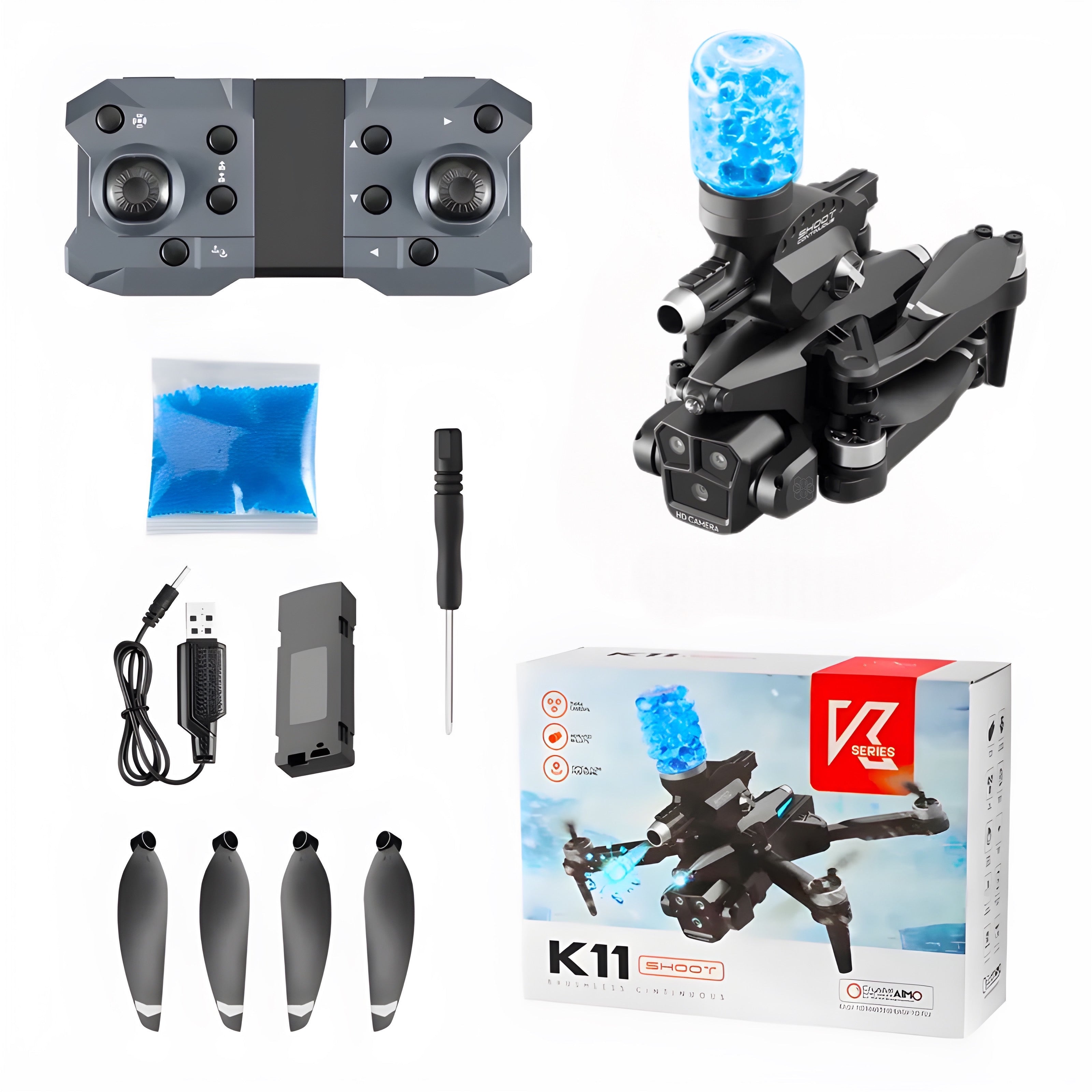 Drona cu bile de apa pentru incepatori, HexaCraft, 3 camere, distanta maxima a telecomenzii 300M, Timp de zbor aproximativ 15 minute, Headless mode, Altitude Hold Mode, 3D View Mode, 3D flip, One Key Takeoff / Landing, Control vocal, Senzor G