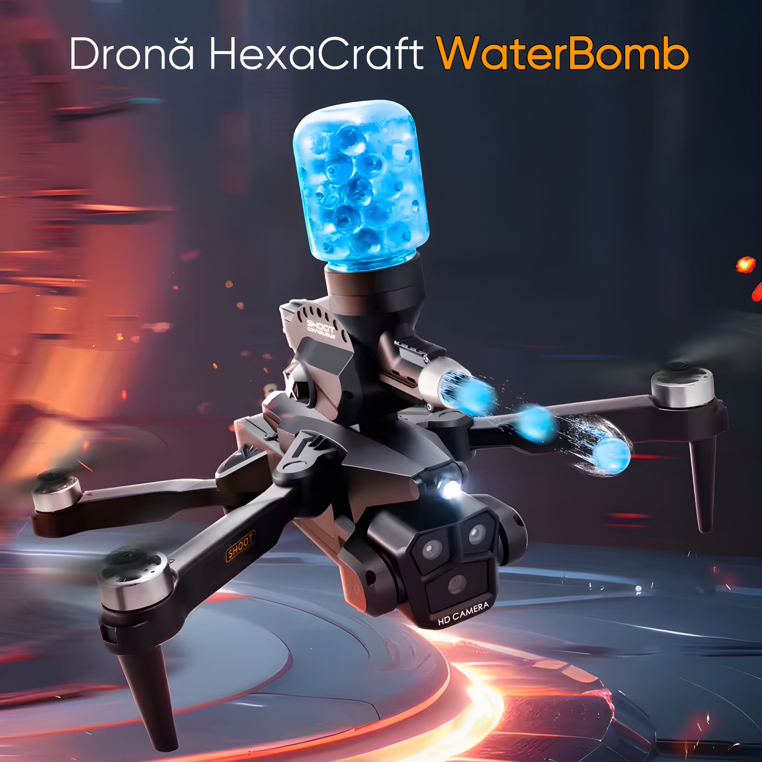 Drona cu bile de apa pentru incepatori, HexaCraft, 3 camere, distanta maxima a telecomenzii 300M, Timp de zbor aproximativ 15 minute, Headless mode, Altitude Hold Mode, 3D View Mode, 3D flip, One Key Takeoff / Landing, Control vocal, Senzor G