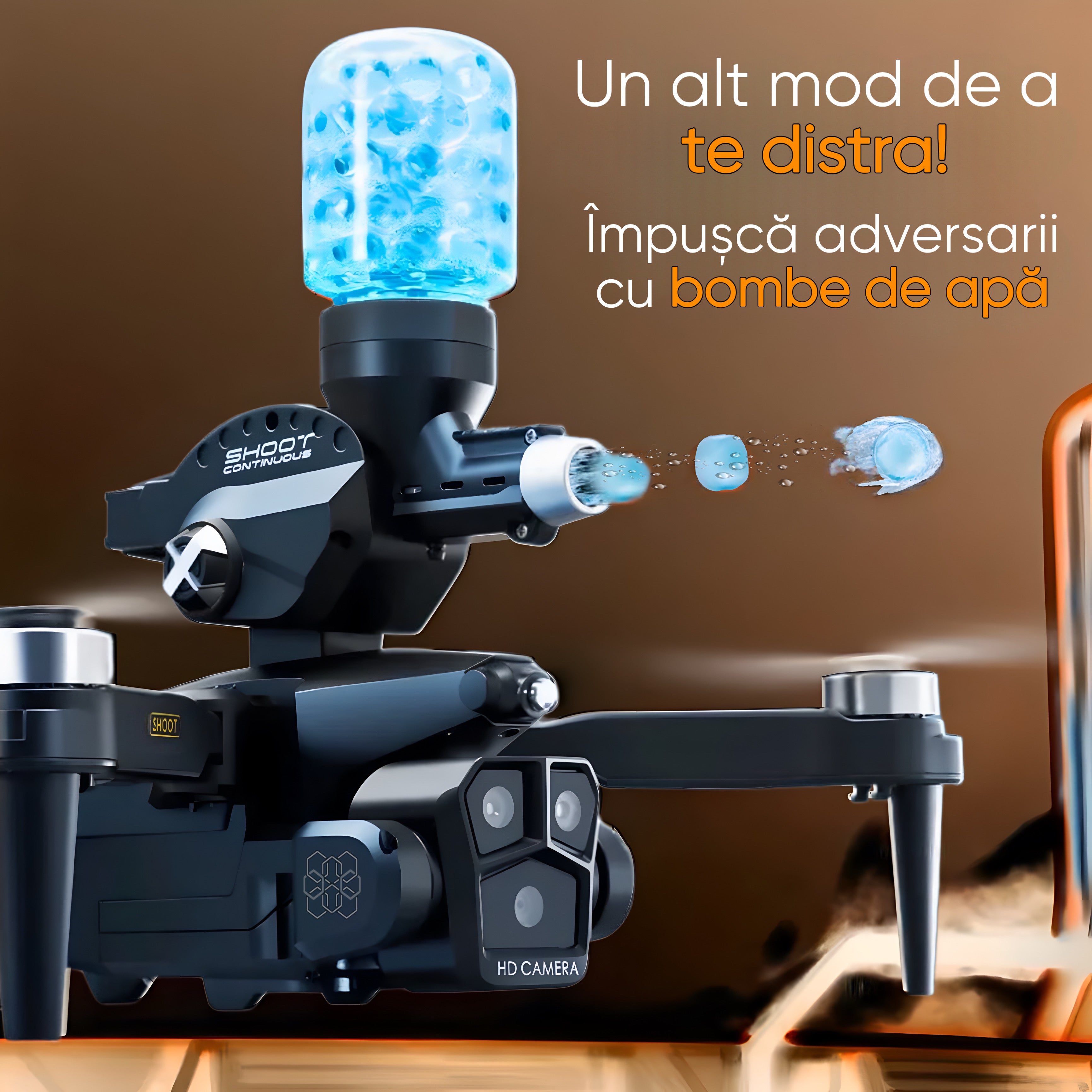 Drona cu bile de apa pentru incepatori, HexaCraft, 3 camere, distanta maxima a telecomenzii 300M, Timp de zbor aproximativ 15 minute, Headless mode, Altitude Hold Mode, 3D View Mode, 3D flip, One Key Takeoff / Landing, Control vocal, Senzor G