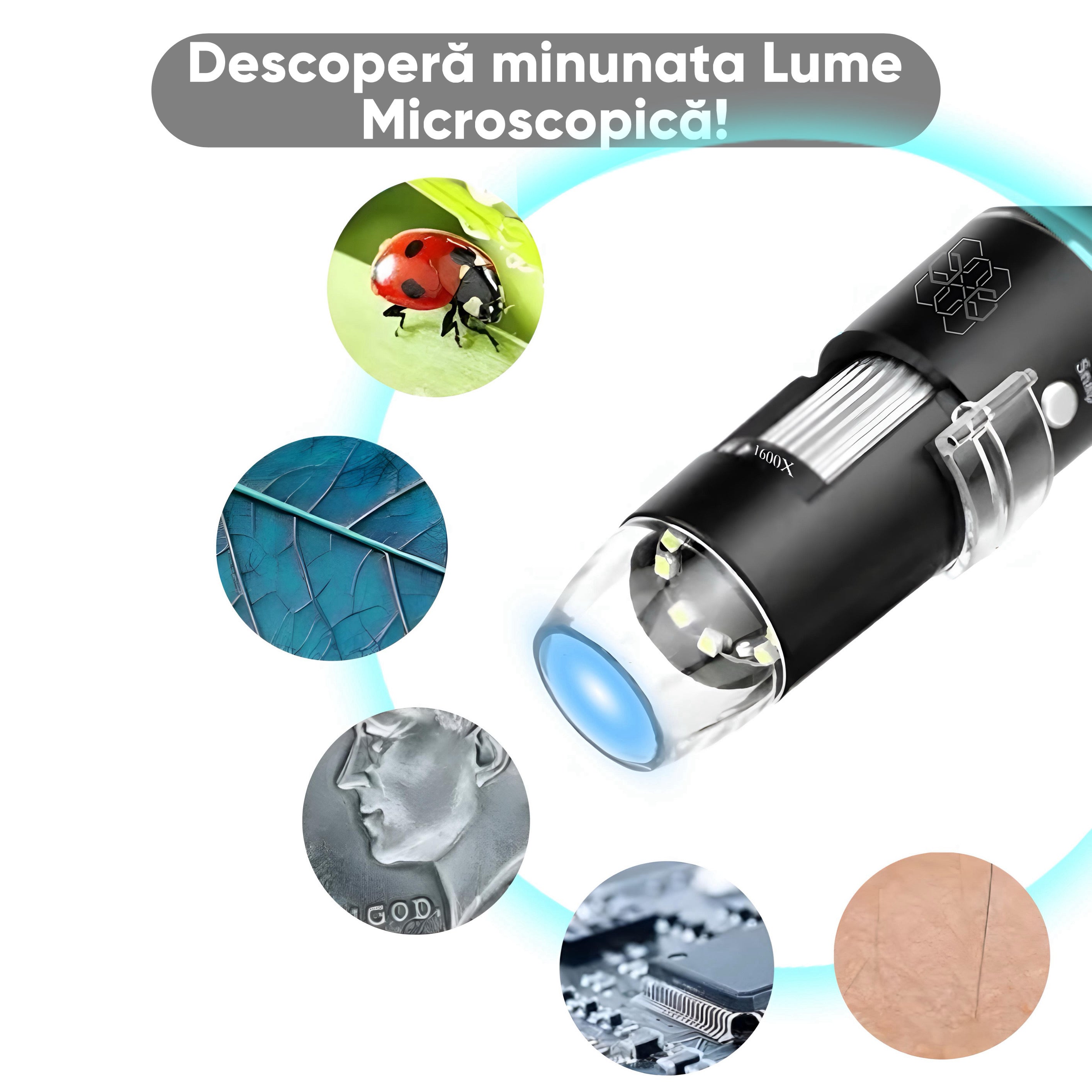 Microscop Digital 1600X cu lumina LED si 2 adaptoare, HexaEye
