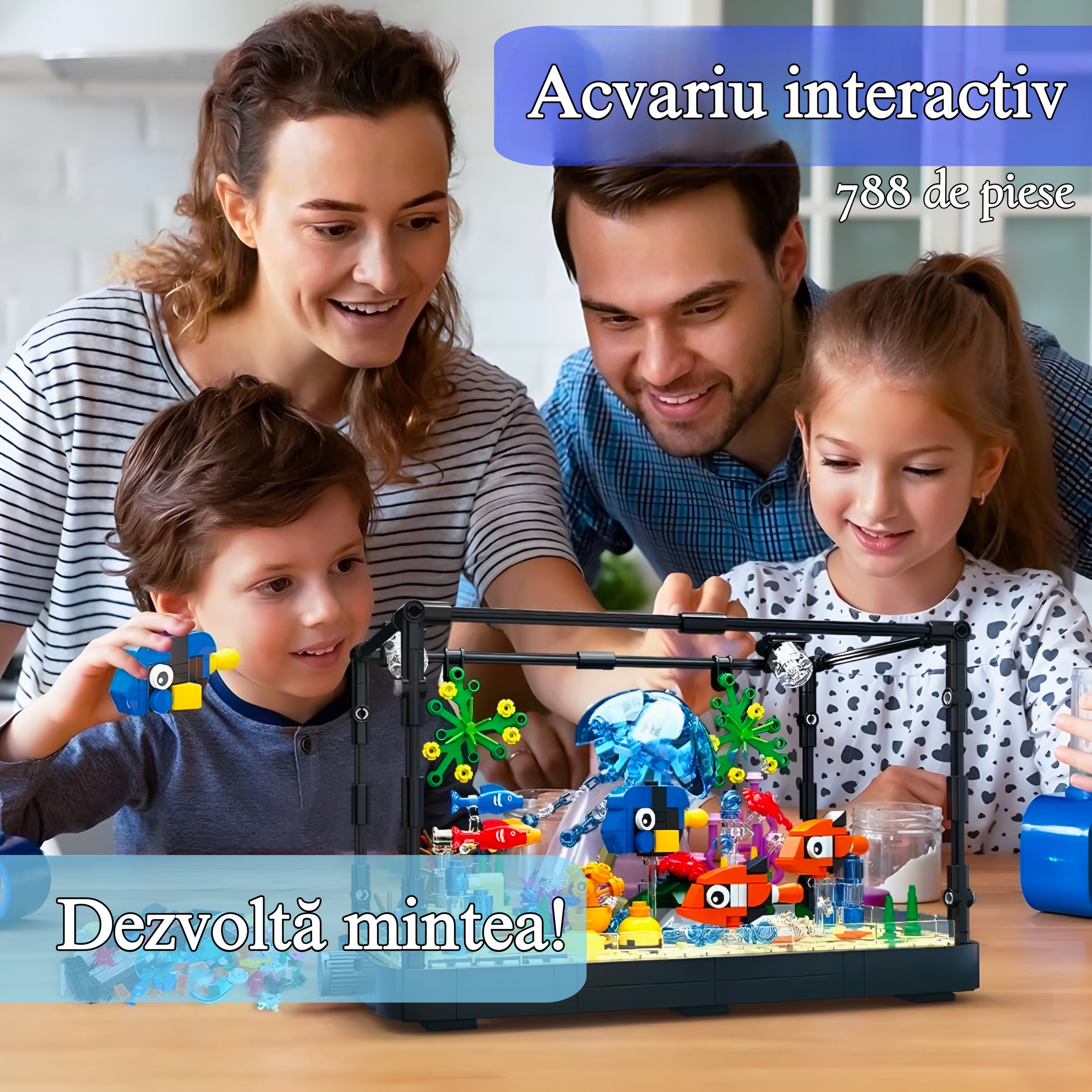 Set de constructie Acvariu cu pesti, HexaCraft, Lumini LED integrate