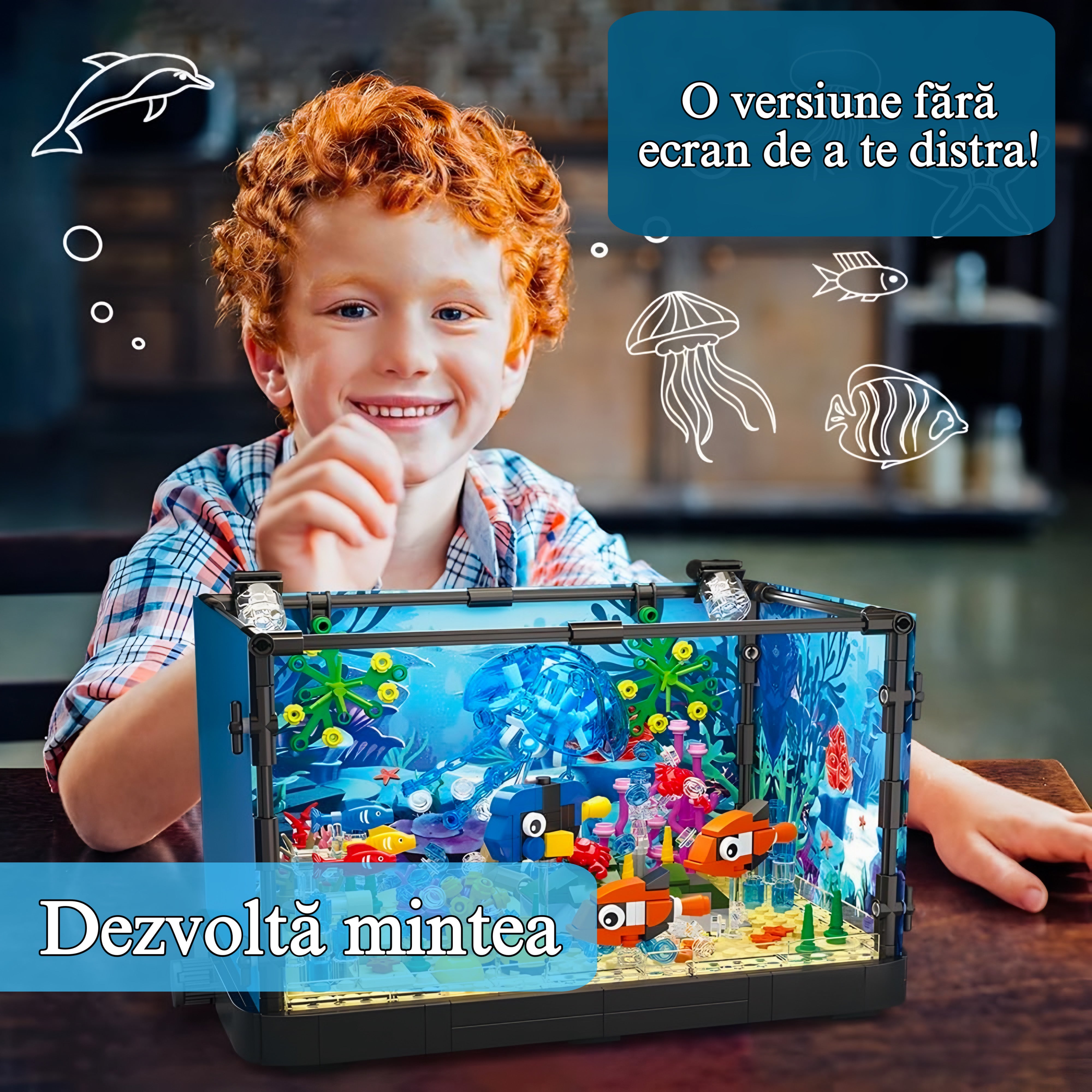 Set de constructie Acvariu cu pesti, HexaCraft, Lumini LED integrate
